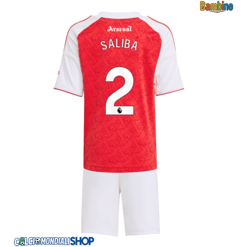 Maglie da calcio Arsenal William Saliba #2 Prima Maglia Bambino 2025-26 Manica Corta + Pantaloni corti)